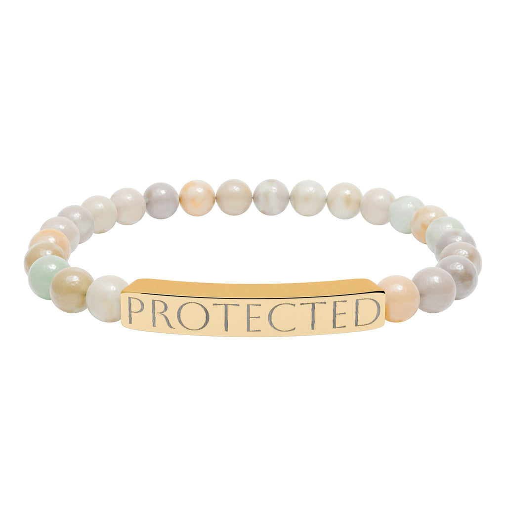 Engraved "PROTECTED" Natural Stone Stretch Bar Bracelet